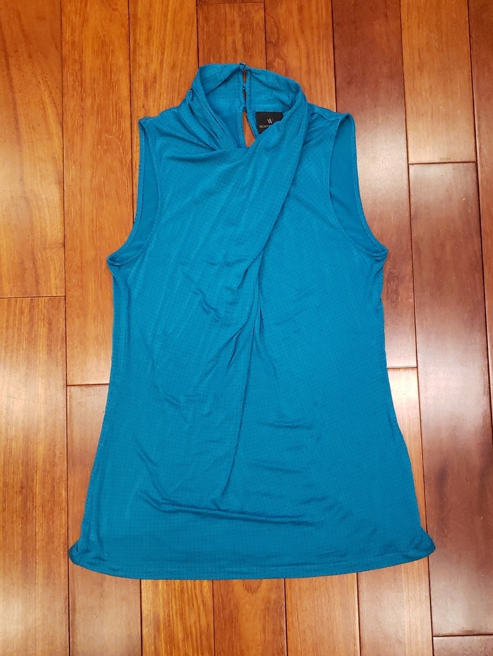 Worthington Teal with black Polka dots Sleeveless Wrap Turtleneck